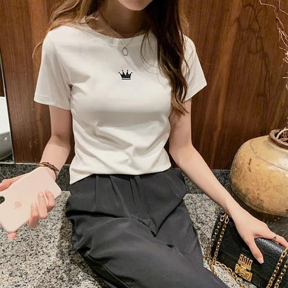SunmmerNew Crown Print T-shirt Girl  Short Sleeves Female Clothes Fashion Youth Round Neck Tops T-shirt Gift LUXLIFE BRANDS