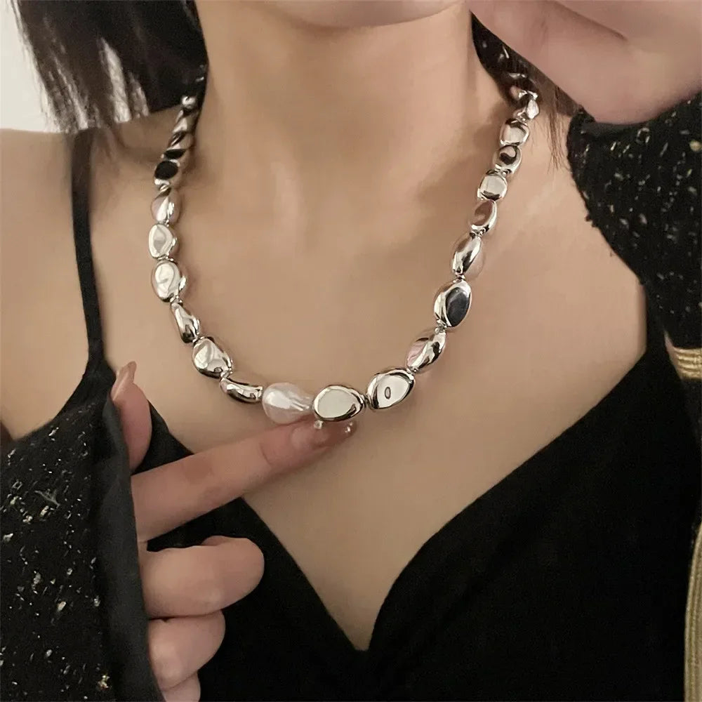 Vintage Silver-plate Geometric Exaggerated Artificial Pearl Chain Necklace For Women Female Fashion Boho Y2K Girl Jewelry Gift Luxlife Brands