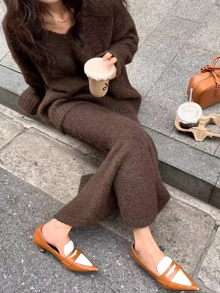 Knitted Sweater Skirts 2 Piece Set for Women Winter Vintage V Neck Loose Warm Pullover Korean Korean High Waist Midi Skirts Set Luxlife Brands