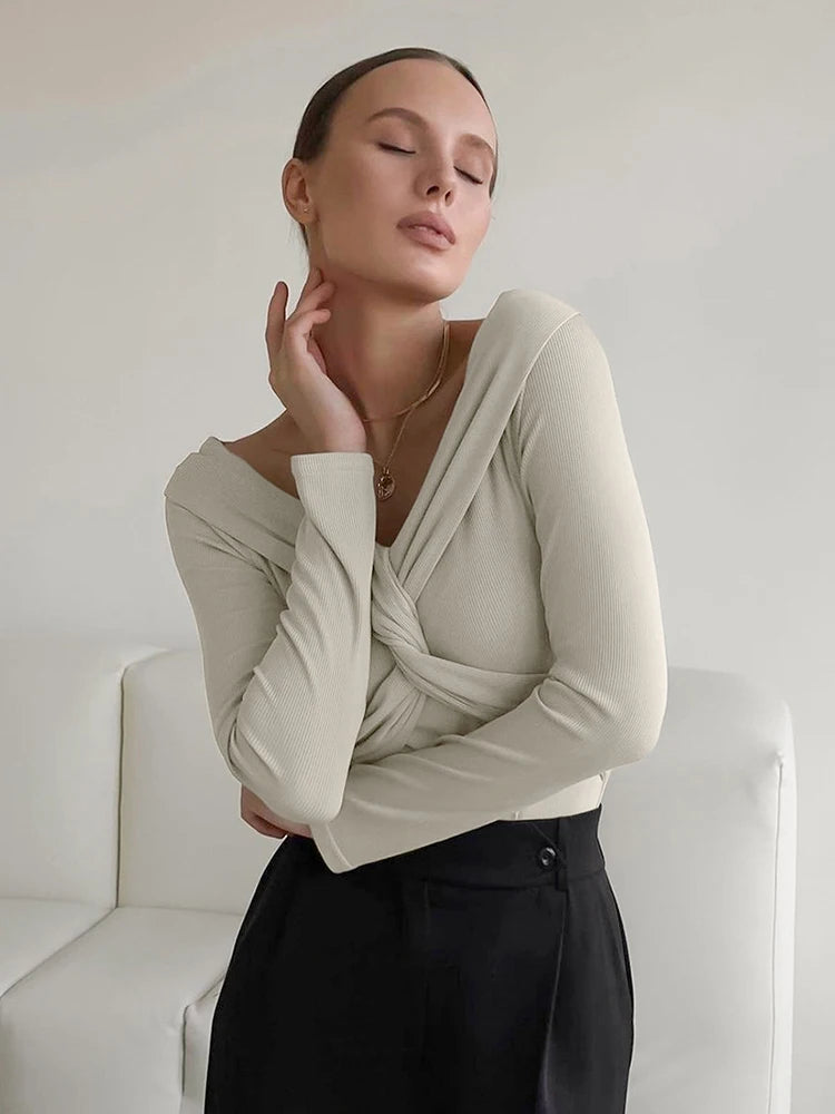 Aynaray 2023 Autumn Winter Women Off Shoulder Office Knitwear Tops Slim Pullover Solid Khaki Long Sleeve T-shirts Female