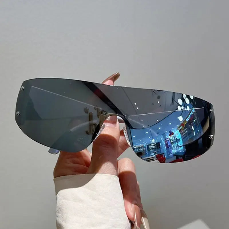 Y2K Rimless Brand Designer Sunglasses Women For Men 2023 One Piece Trending Luxury Sun Glasses Rivet Steampunk Pink Shades UV400