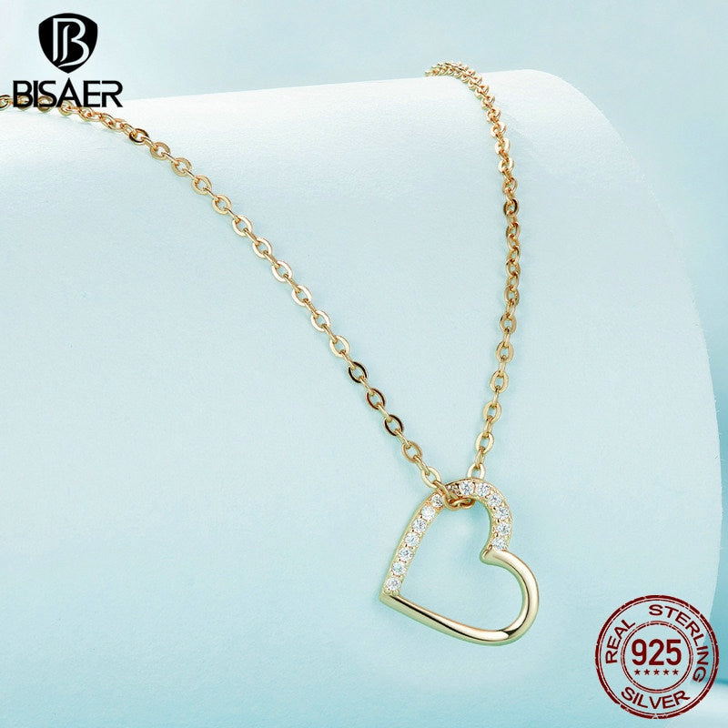 BISAER 925 Sterling Silver Simple Love Heart Pendant Necklace Zircon Adjustable Chain For Women Wedding Fine Jewelry 3 Colors