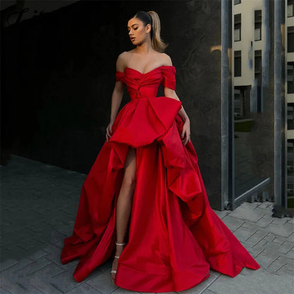 Lily Off the Shoulder Red Prom Dresses Side Split Pleat A Line Evening Dress V Neck Formal Occasion Dresses Stain فساتين الحفلات