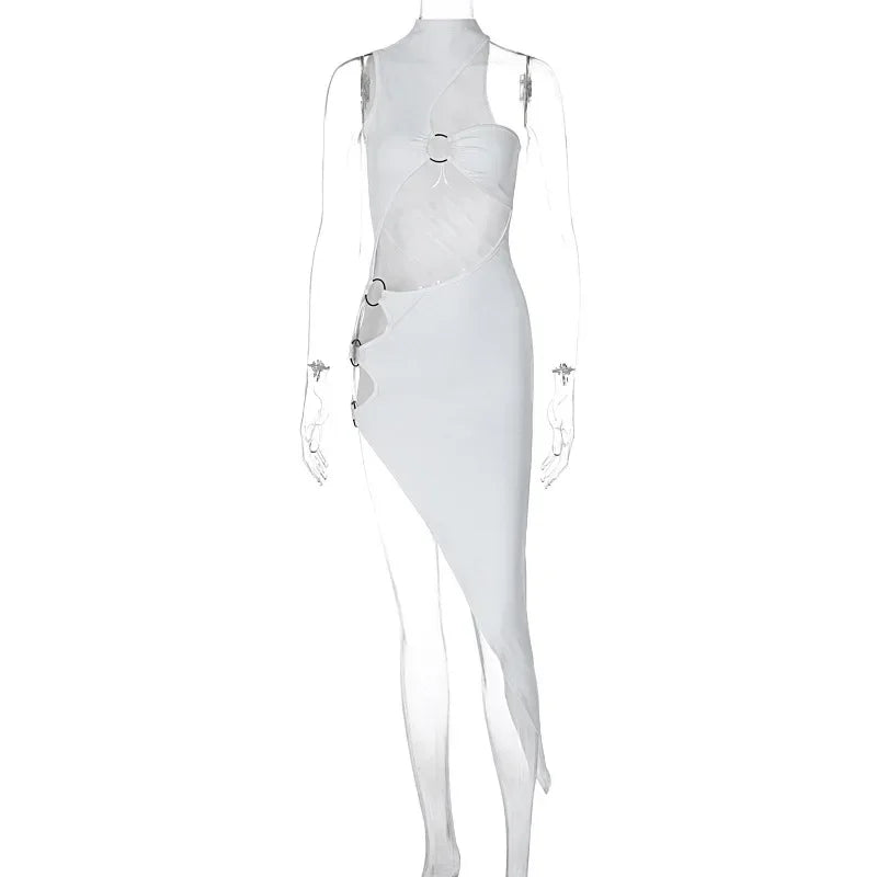 YUZHEXI Sexy Hollow Out Nightclub Party Dress White Black for Women Sleeveless O Ring Split Irregular Outfit