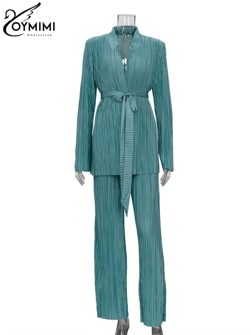 Oymimi Sexy Black Pleated 2 Piece Sets Women Outfit Fashion Loose Slit Long Sleeve Lace-Up Top With High Waist Pants Set Female