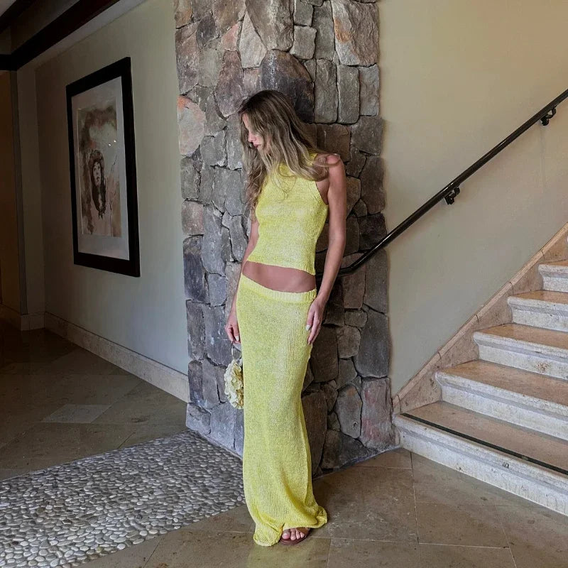 Women Sexy Knit See-through Shiny Top Half Long Skirt Set 2025 Summer Beachwear Swimsuit Cover Up 2 Piece Party Club Outfit K68 Luxlife Brands