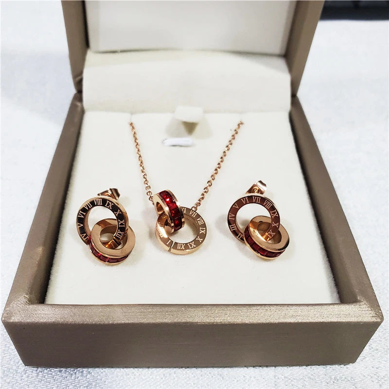 316L Stainless Steel Micro Red White Inlaid Zircon  Roman Digital Lifting Earrings Necklace Wedding Bridal Jewelry Set Luxlife Brands