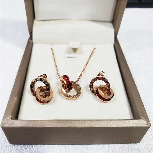 316L Stainless Steel Micro Red White Inlaid Zircon  Roman Digital Lifting Earrings Necklace Wedding Bridal Jewelry Set Luxlife Brands