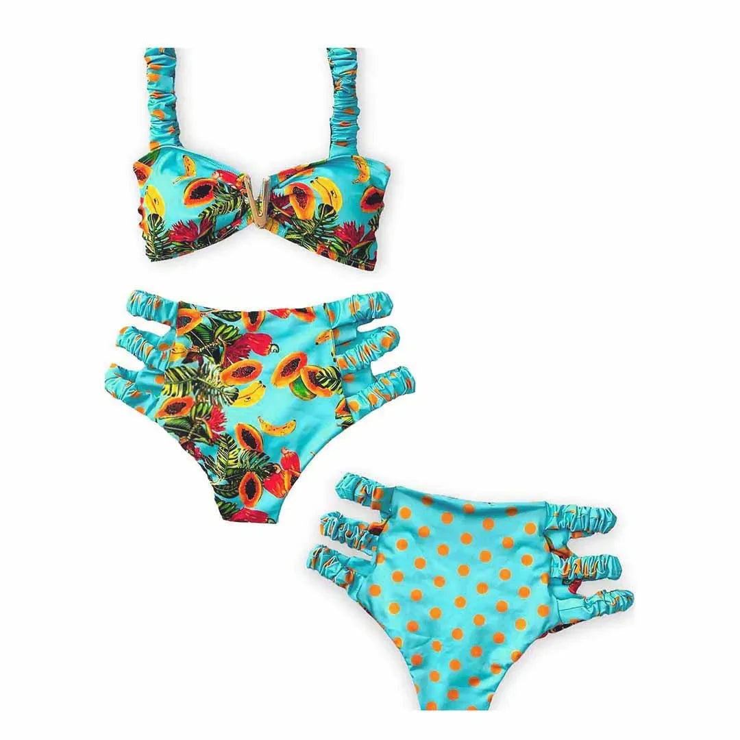 2024 Sexy Bikini Set Women High Waist Classic Off Solid Ruffle Sleeves Swimwear Red Separate Deep V Swimsuit Vintage Beach Set