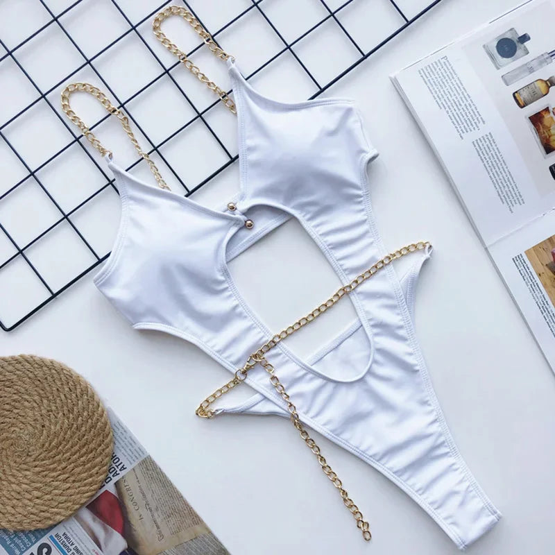 Sexy Metal Chains String High Cut One Piece Swimsuit Women Swimwear Female Monokini Tummy Cut Out Bathing Suit Swim Beach Wear Luxlife Brands