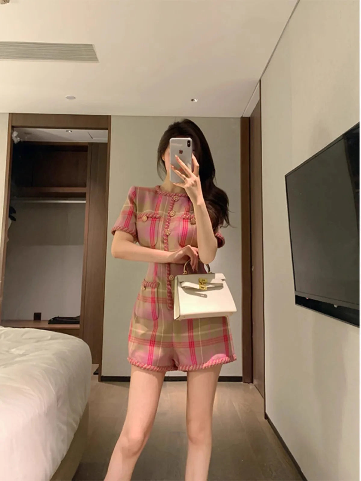 Pink Plaid Jumpsuit For Women'S High-End Gold Wire Plaid Woven Fabric With Heavy Craftsmanship And Unique Jumpsuit Shorts LUXLIFE BRANDS