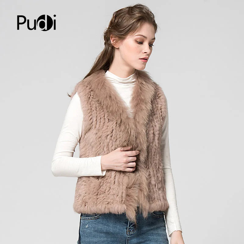 VT7008 Womens Natural Real Rabbit Fur Vest With Raccoon Fur Collar Waistcoat/jackets Rabbit Knitted Winter