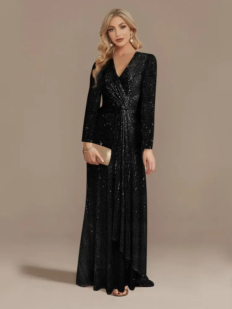 Luxury Long Sleeve V-Neck Formal Evening Dress