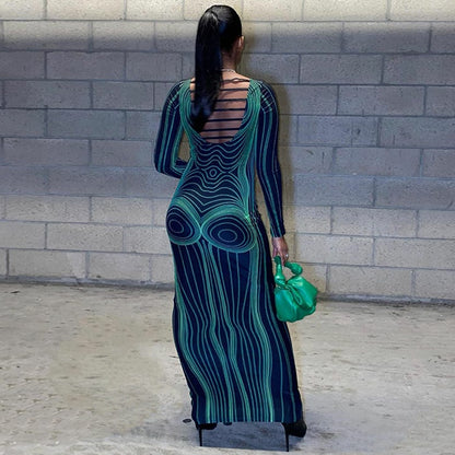 Women Fashion Long Sleeve Bodycon Streetwear Party Club Green Long Dress 2023 Spring 3D Body Science Fiction Line Print Dresses