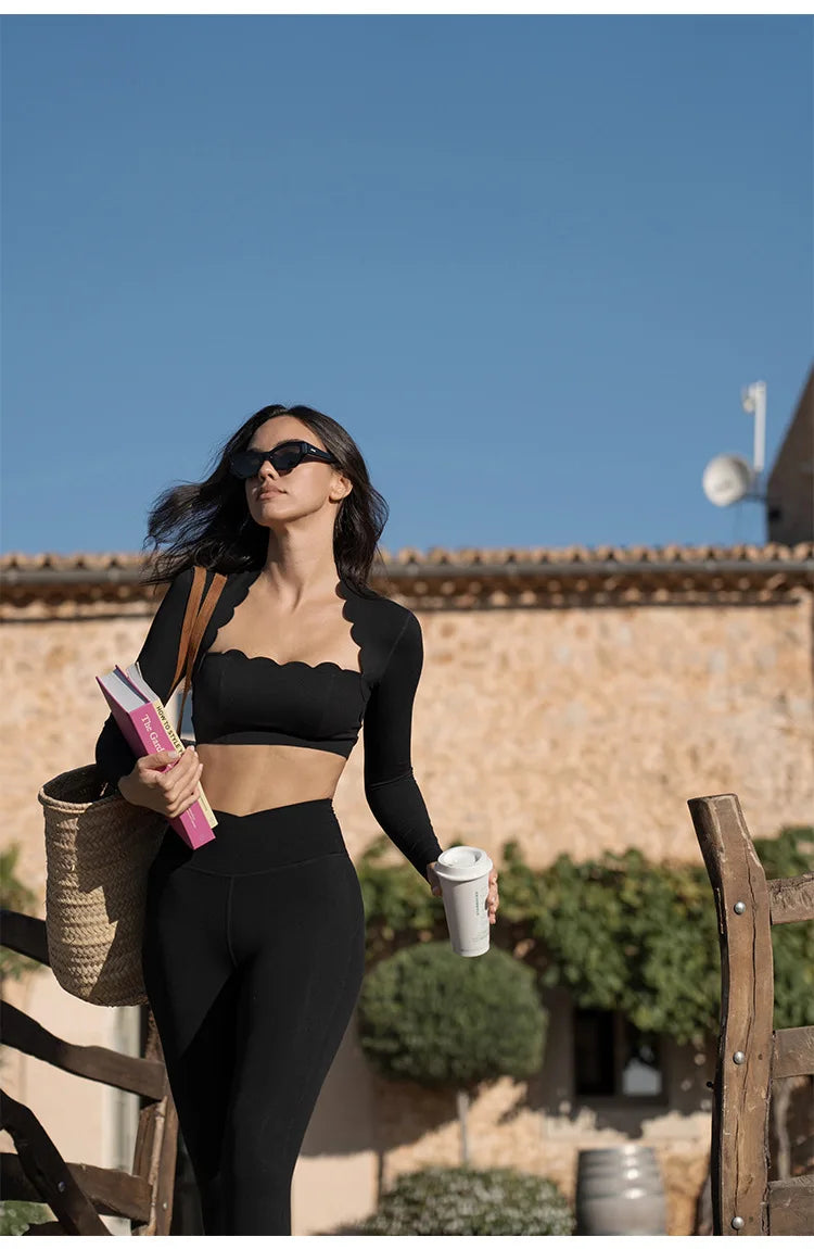 Black Square Neck Tight High Elastic Skinny Yoga Sports Long Sleeves Fashion Compression Pants Fitness Leggings Workout Tights