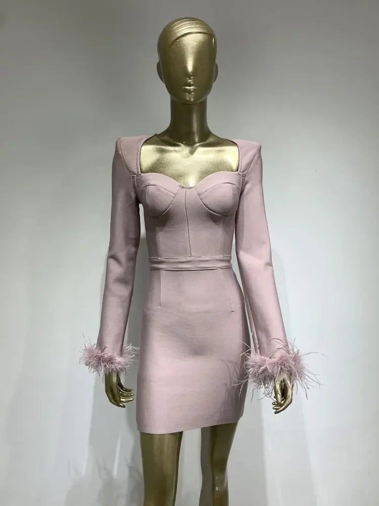 Women Winter Sexy Long Sleeve Feathers Hot Pink Black Mini Bodycon Bandage Dress 2022 Elegant Evening Party Dress