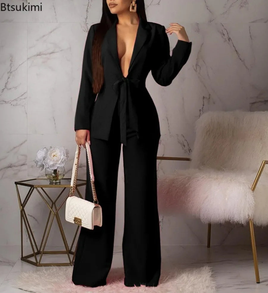 New 2024 Women's Formal Business Suit Sets Office Wear Two Piece Blazer Pants Sets Professional Woman Suit With Waist Tied Sets