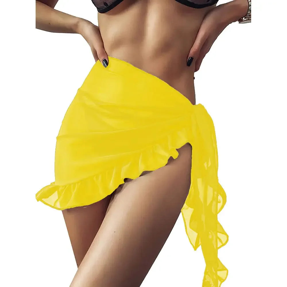 Swimsuit Coverups for Women Ruffle Hem Sarong Beach Bikini Wrap Sheer Short Skirt Chiffon Scarf for Swimwear