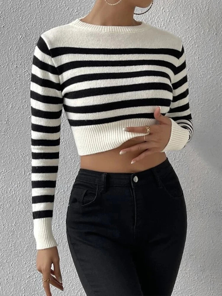 2023 Autumn Winter Women Striped Basic Sweaters Jumper Knitted Crop Tops Bodycon Slim Long Sleeve O-neck Pullover