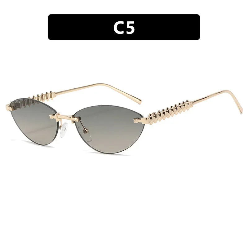 New Cat Eye Rivet Rimless Sunglasses Women Luxury Fashion Brand Oval Narrow Sun Glasses Shades Trendy Elegant Unique Eyewear