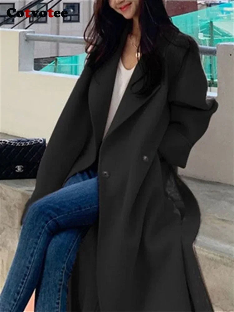 Cotvotee Solid Wool Coats for Women 2023 Fall Winter New Korean Long Sleeve Turn Down Collar Coats Loose Button Up Long Jacket LUXLIFE BRANDS