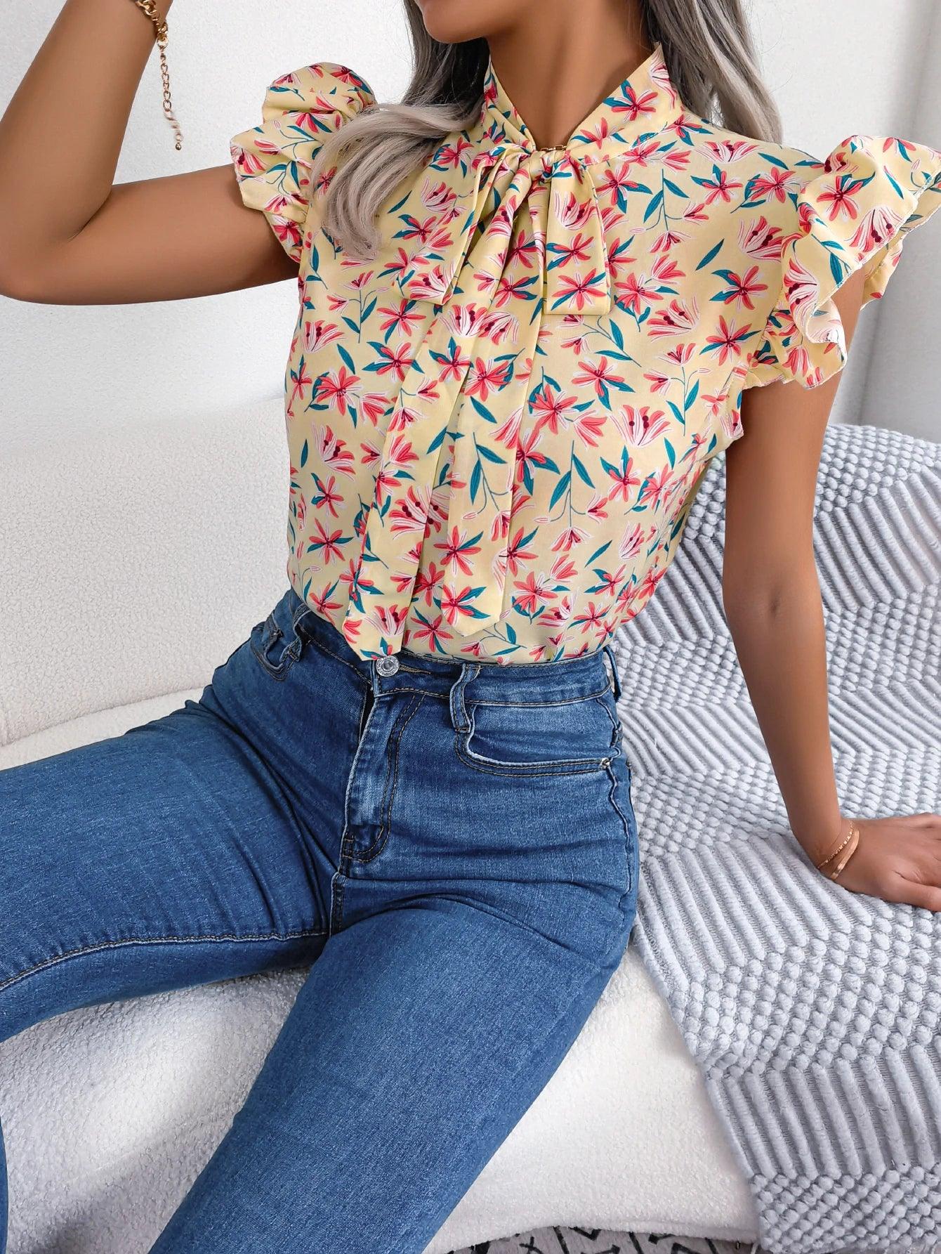 Women Casual Floral Print Bow Ruffles Chiffon Blouse Summer Top Luxlife Brands