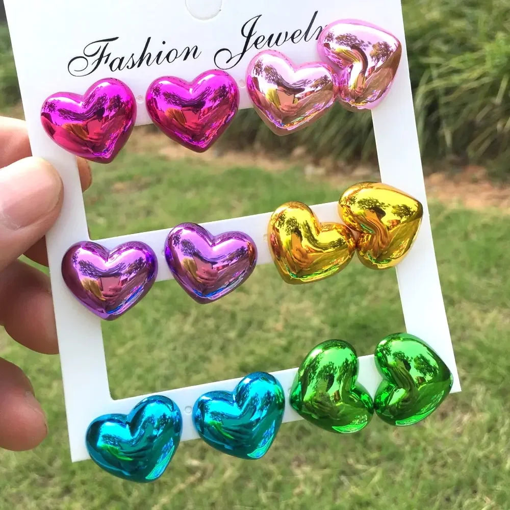 New 6 pair/set Metallic Color Acrylic Y2K Stud Earrings for Women Rock Heart Moon Star Bowknot Square Earring Korea Jewelry Sets
