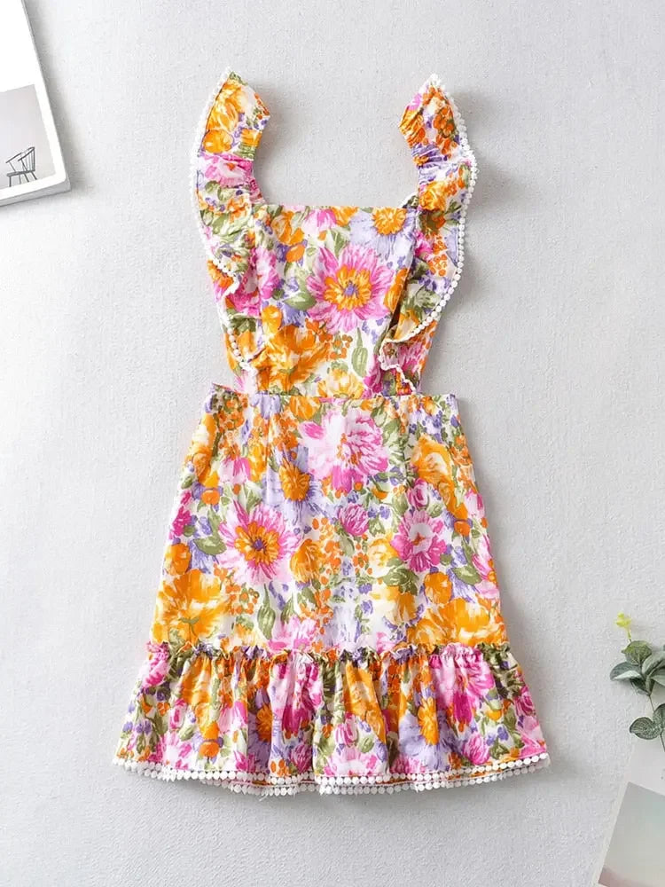 Dresses For Women 2022 Square Neck Sleeveless Ruffle Hem Floral Print Mini Dress Sexy Backless Tie Beach Vacation Summer Dress