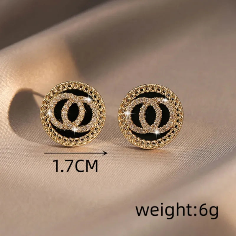 Black Enamel Crystal Double Round Circles Stud Earring for Women Korean Style Sweet Simple Jewelry Brincos Wholesale Girl Gift LUXLIFE BRANDS