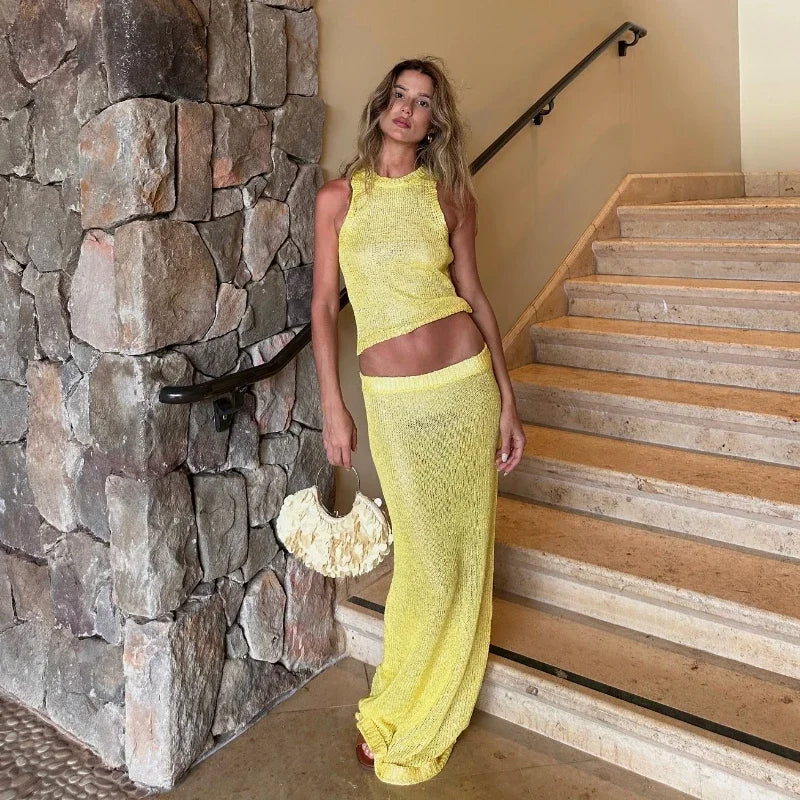 Women Sexy Knit See-through Shiny Top Half Long Skirt Set 2025 Summer Beachwear Swimsuit Cover Up 2 Piece Party Club Outfit K68 Luxlife Brands