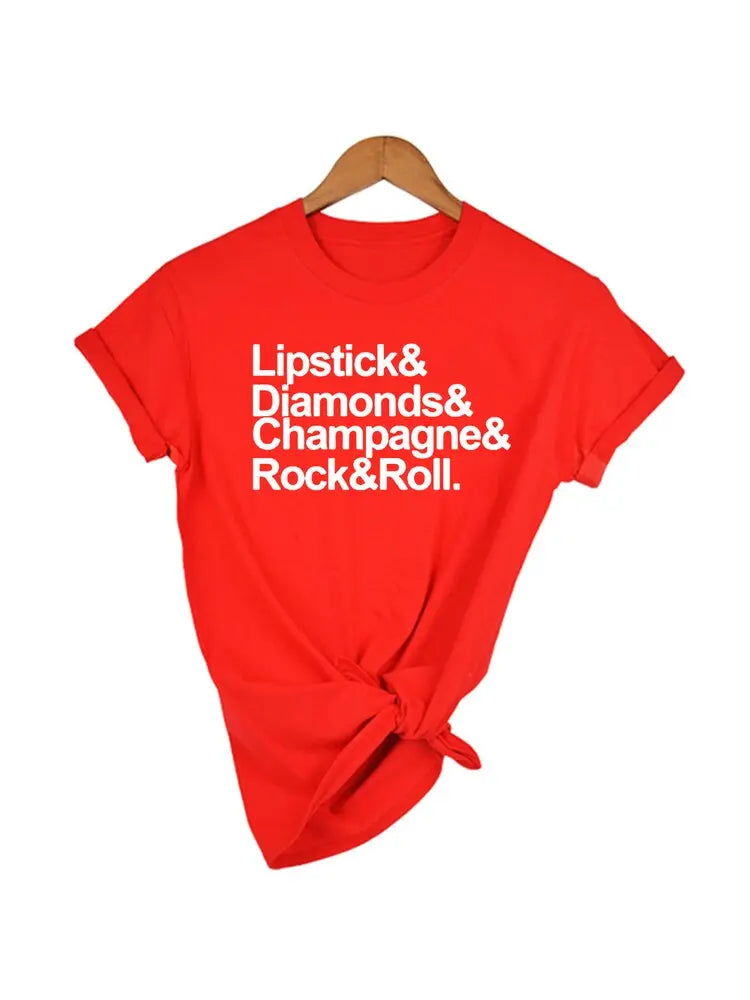 Lipstick Diamonds Champagne Rock and Roll Women Shirts Streetwear Short Sleeve Casual O-Neck T-shirt Tumblr Tops Tee tshirts