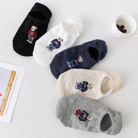 5pair/lot Fashion Men's Boat Socks Cartoon Bear Xia Qiu Non slip Invisible Silicone Cotton Ankle Slippers Socks Retro LUXLIFE BRANDS