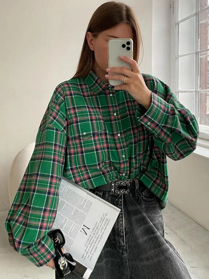 Aynaray 2023 Autumn Winter Women Oversized Thick Plaid Shirt Vintage Long Sleeve Green Blue Loose Fit Blouse Woman Female