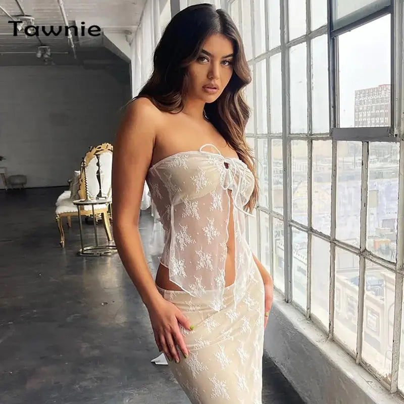 Tawnie 2023 Summer Lace See Through Dress Sets Women Strapless Backless Crop Top Maxi Skirt Matching Sets Beach Outfits