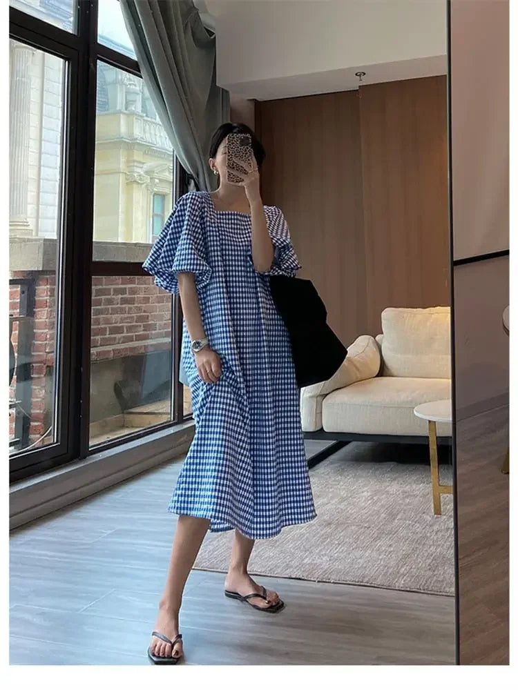 Fashion Square Neck Plaid Puff Sleeve Loose Casual Dress Summer Women Korean Ladies Chic 2023 New Dresses Elegant Woman Dress