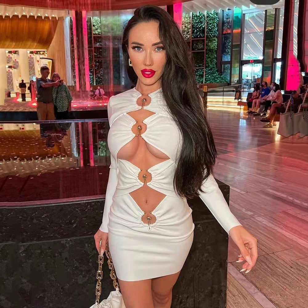 New Summer Women O Neck Bandage Dress Sexy Full Sleeve Hollow Metal Ring Button Design Elegant Bodycon Celebrity Party Dresses