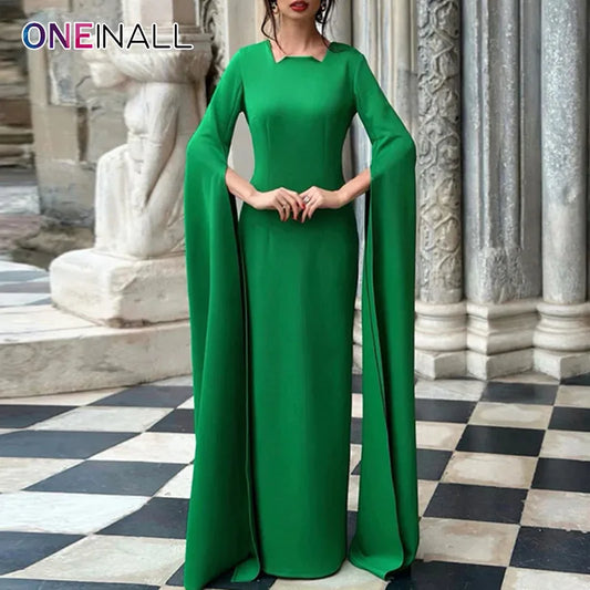 ONEINALL Solid Elegant Long Dresses For Women Round Neck Cloak Sleeve High Waist Spliced Zipper Fashion Dress Female Summer New