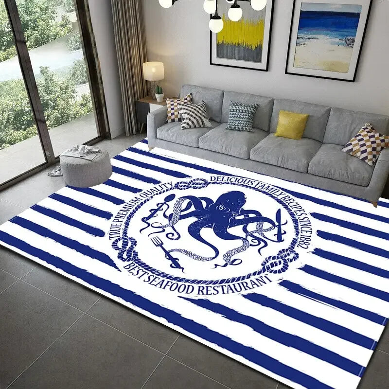Dark Blue Stripe Ocean Lighthouse Area Rug Anchor Boat Decor Carpet Floor Mat Soft Carpet for Living Room Bathroom Kitchen
