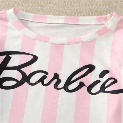 Barbie Letter Pink Home Service Kawaii Ice Silk Soft Ladies Pajamas Suit Long Sleeve Set Women Shorts Nightdress Clothes Gifts