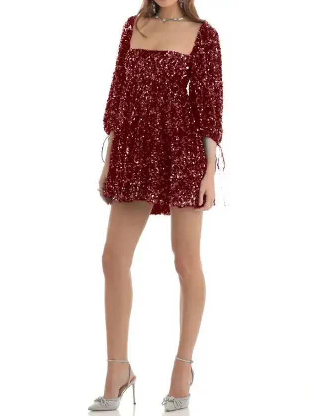 New Fashion Sexy Sequin Short Sleeve Square Neck Solid Color Slim Fit Dress For Women,5 Colors