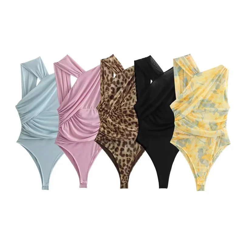 MUJER 2025 Woman Body Leopard Print Mesh Sleeveless Bodysuit Women Summer Tulle Off Shoulder Tight Bodysuit Lingerie Sexy Body