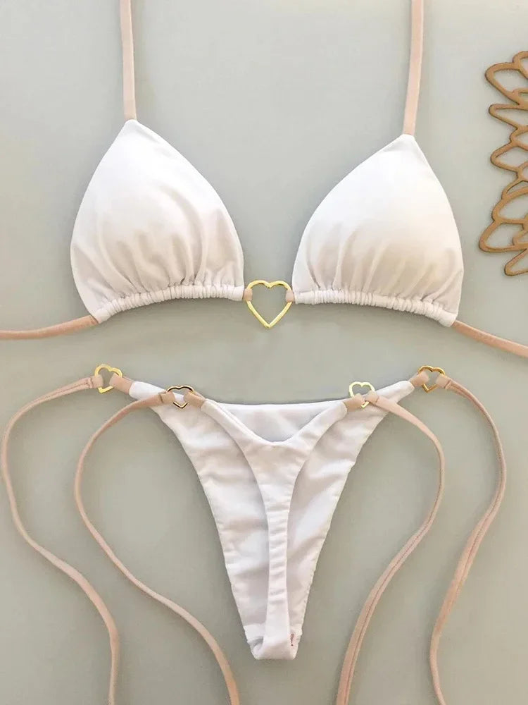 New Solid Color White Bikini Women suit Low Waist Lace-up Fashionable Swimsuit Two-piece Set Luxlife Brands