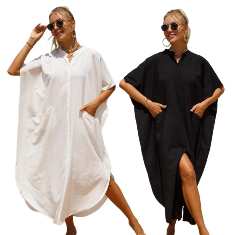 Women Bathing Suit Cover Up Shirt Beach Bikinis Swimsuit Coverups Side Slit Beachwears Buttons Down Beach Dress Shirt LUXLIFE BRANDS