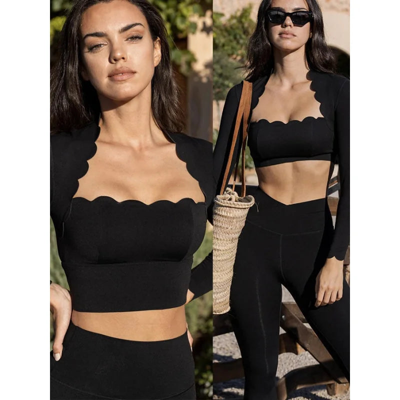 Black Square Neck Tight High Elastic Skinny Yoga Sports Long Sleeves Fashion Compression Pants Fitness Leggings Workout Tights