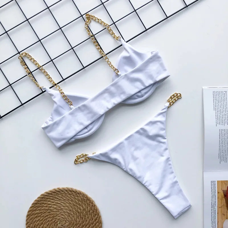 Sexy Metal Chains String High Cut One Piece Swimsuit Women Swimwear Female Monokini Tummy Cut Out Bathing Suit Swim Beach Wear Luxlife Brands