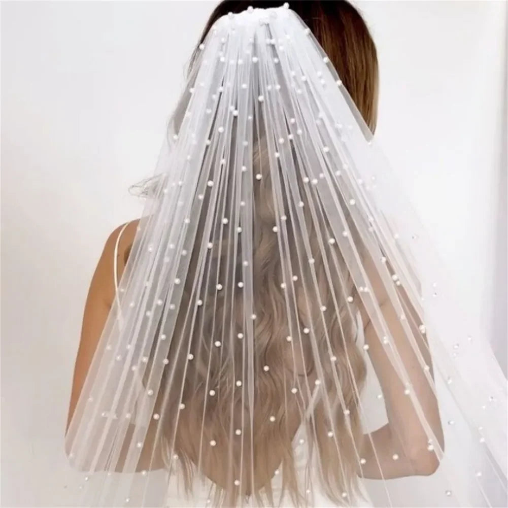 Pearls Bridal Veil Soft 1 Tier Beaded Wedding Veil for Bride Cathedral Length with Comb Wedding Accessories LUXLIFE BRANDS