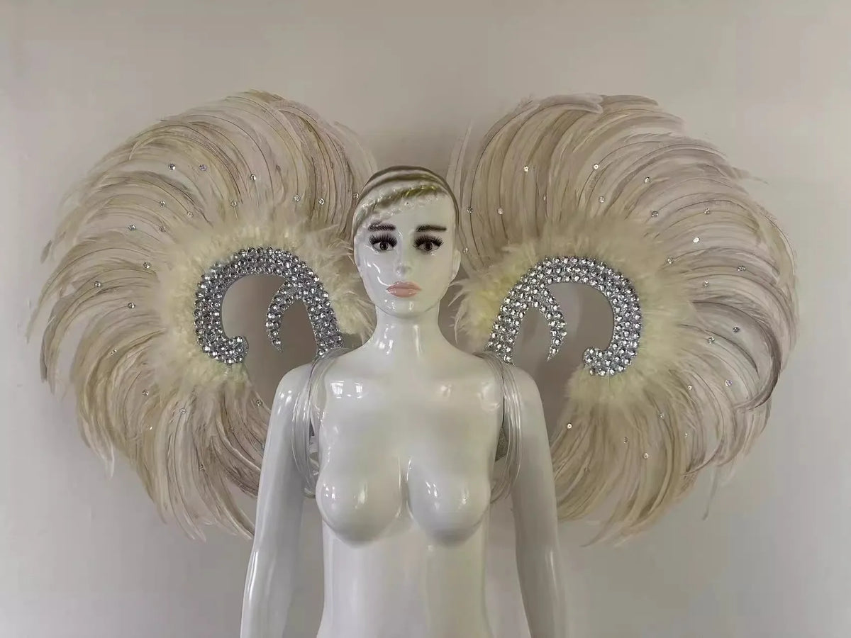 Showgirl Feather Wing Backpiece with Rhinestone Scroll Frames