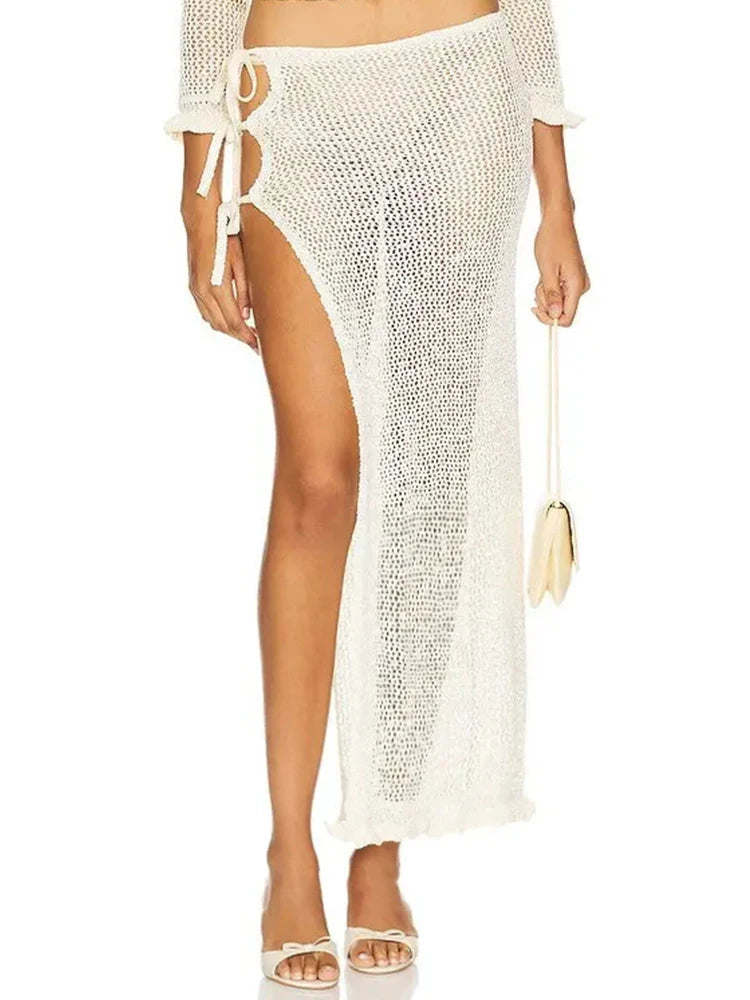 Sexy Summer Knit Cut Out Beach Half Skirt Women Chic Side Slit Lace-up Casual Wrap Skirts 2025 Pool Party Swimsuit Cover Up K249 Luxlife Brands