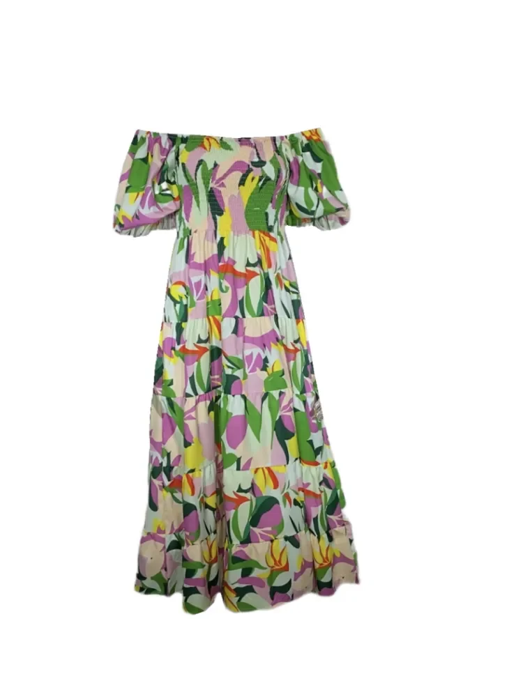 New style bubble sleeve holiday slim long skirt spice girl high waist one shoulder print dress LUXLIFE BRANDS