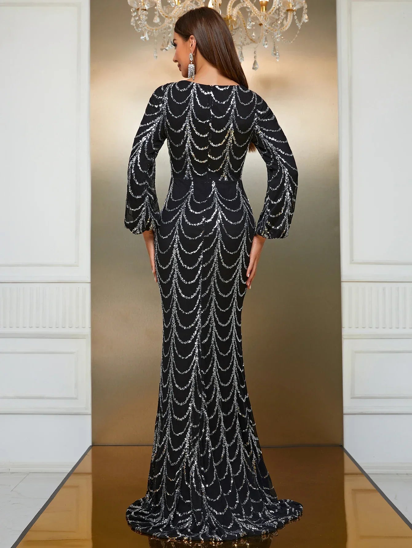 YISOKADO Giffniseti Women's Boat Neck Lantern Sleeve Sequin Formal Dress LUXLIFE BRANDS